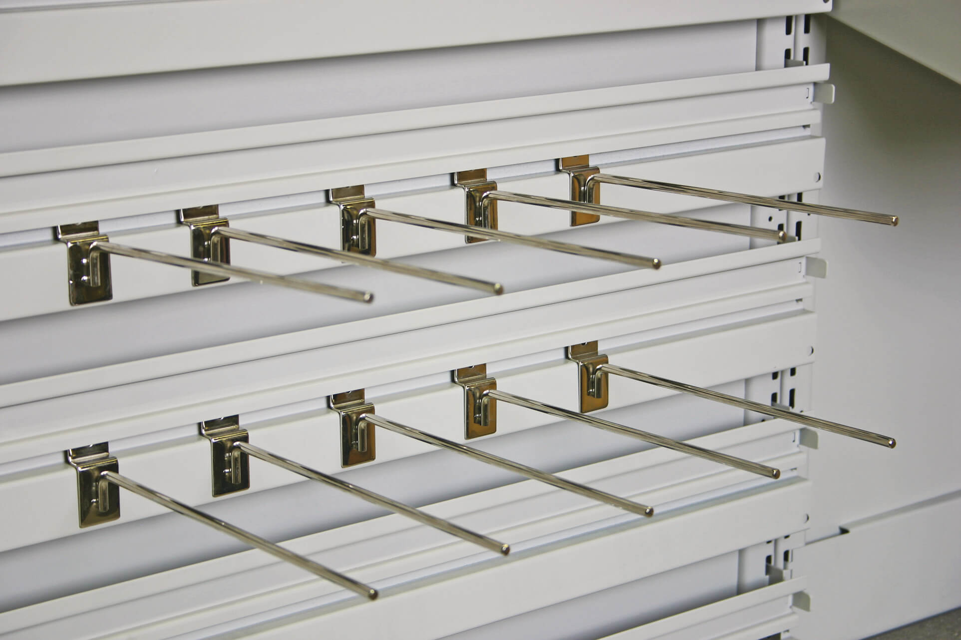 Slat-wall accessories for modular shelving and modular carts letting you hang a wide variety of items