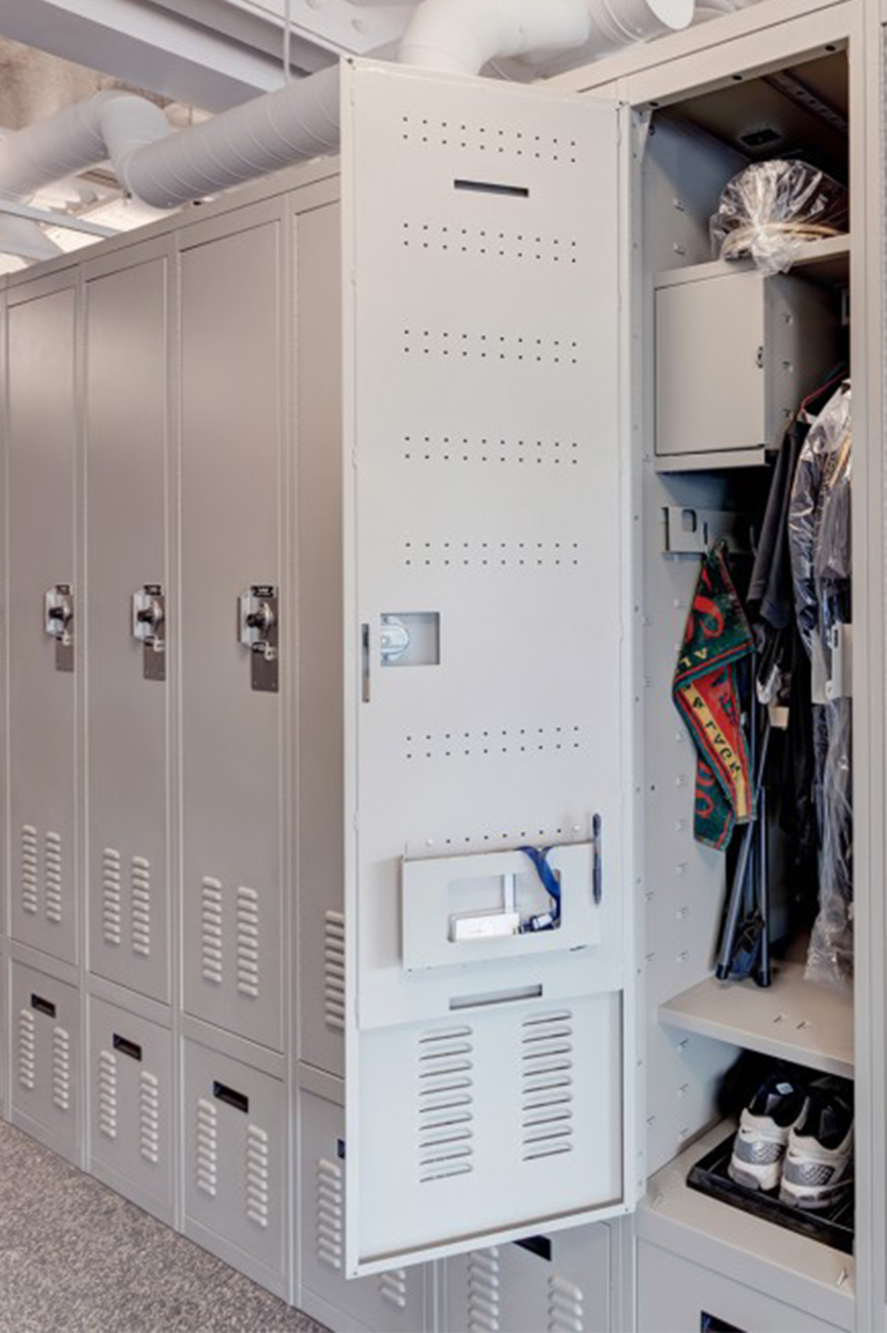 Flexible placement for all components, shelves, inside lockable box, drawers, document holder, hooks, garment hangers in personal storage locker
