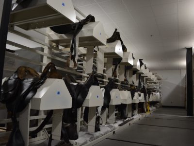 Civil War Saddles being stored in temperature controlled room