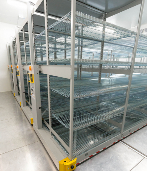 Cooler storage using wire shelving on industrial mobile racking for pharmaceutical company