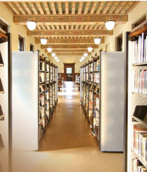 campus library book shelves
